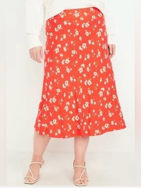 Old Navy Red Floral Fluted Midi Skirt Size 2X NWT